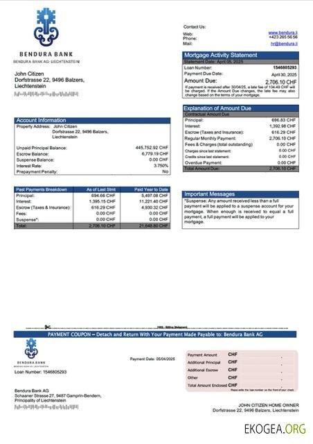 Liechtenstein Bendura Bank AG Relevé hypothécaire Modèle Word et PDF